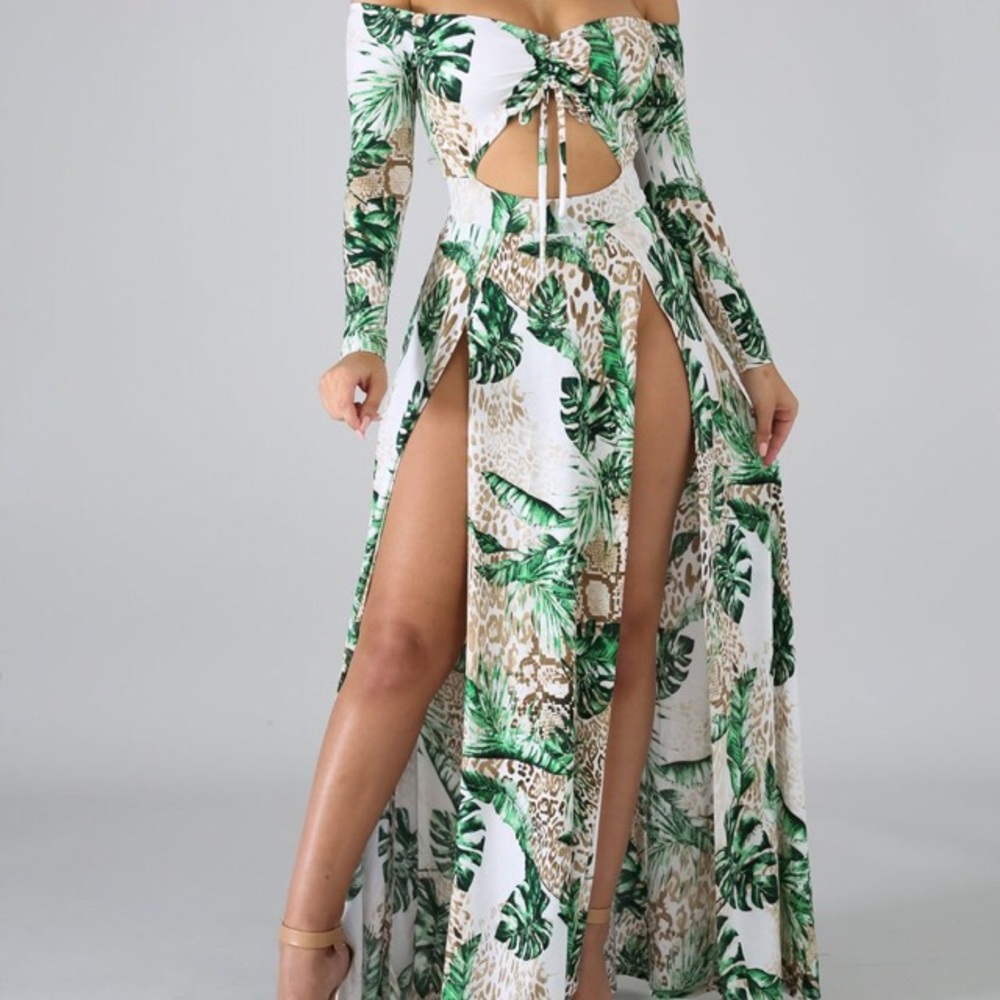 Palms Printed Off Shoulder Deep Slit Maxi